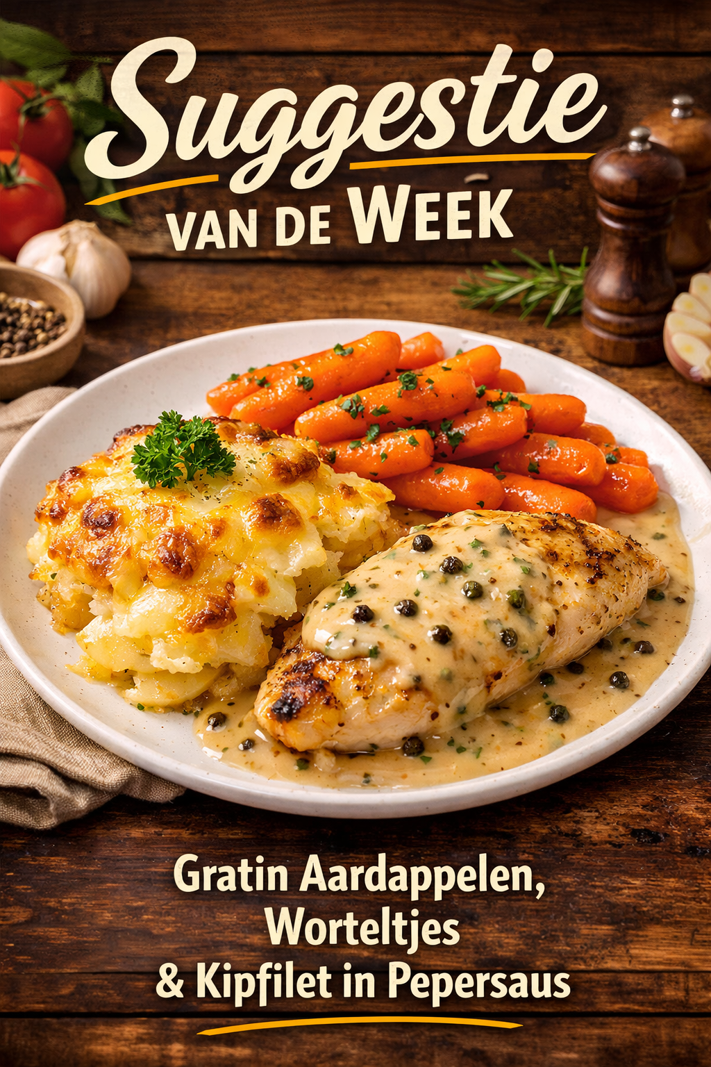 Gratin met wortels en kipfilet in pepersaus